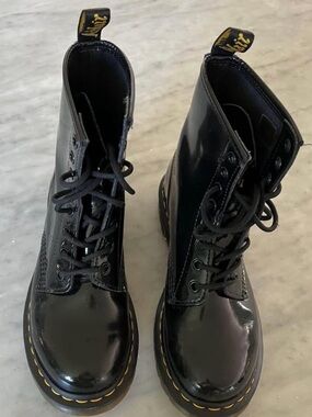 Dr. Martens Black Patent Leather Lace-Up Combat Boots with Yellow Stitching